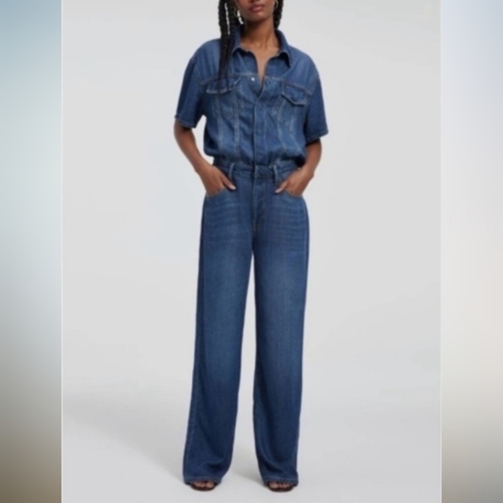 NWT Good American Weightless Wide-Leg Collar Denim Jumpsuit Indigo 2